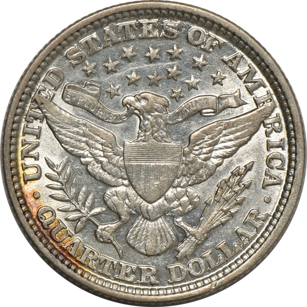 Six Barber quarters and a Standing Liberty quarter