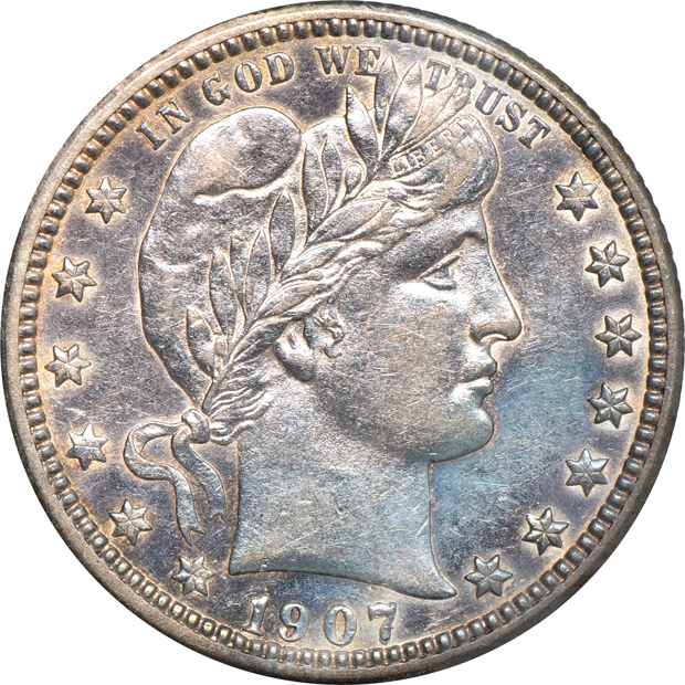 Six Barber quarters and a Standing Liberty quarter
