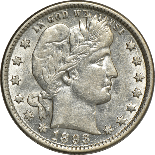 Six Barber quarters and a Standing Liberty quarter