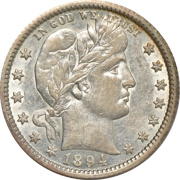 Six Barber quarters and a Standing Liberty quarter