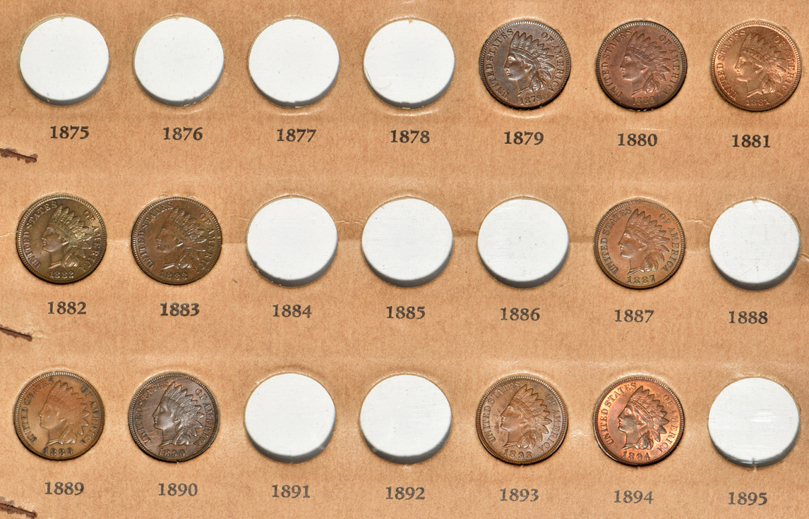 Twenty-seven different Indian cents in a retro page