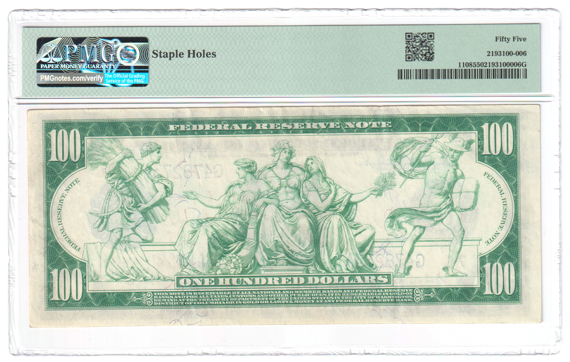 1914 $100 Chicago Blue Seal Fr# 1108 - PMG AU-55/staple holes
