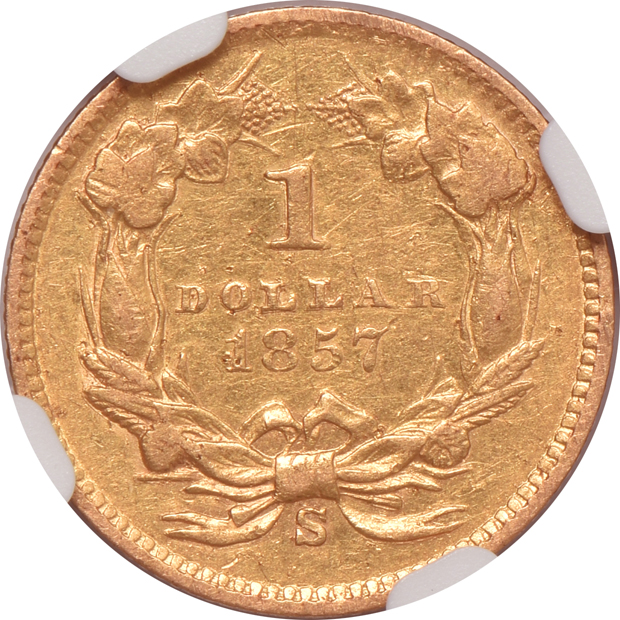 1857-S NGC AU details/graffiti