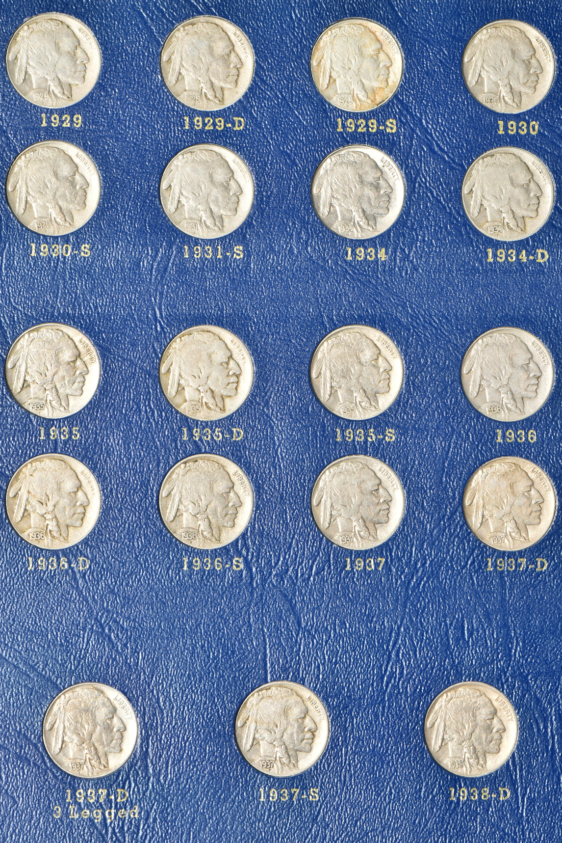 Nearly complete collection of Buffalo nickels, including a 1937-D 3 Legged, in a Whitman 9408 album