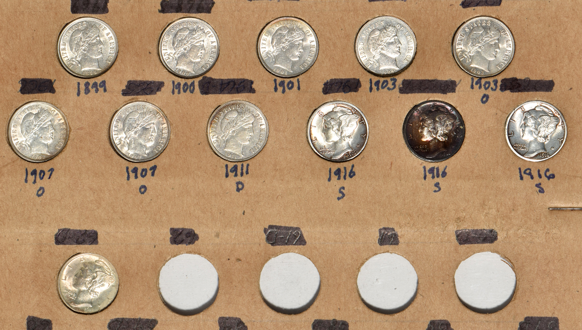 Collection of three Liberty Seated dimes, sixteen Barber dimes, and four Mercury dimes in a Wayte Raymond page