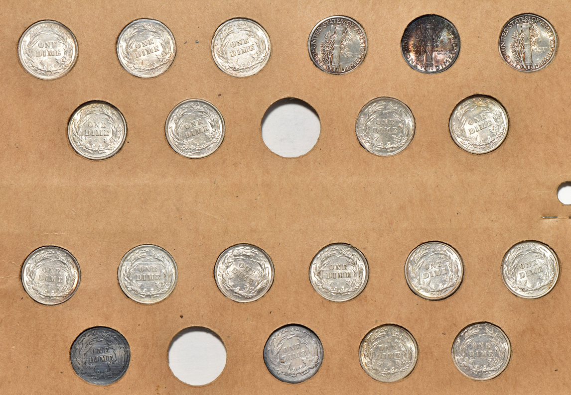 Collection of three Liberty Seated dimes, sixteen Barber dimes, and four Mercury dimes in a Wayte Raymond page