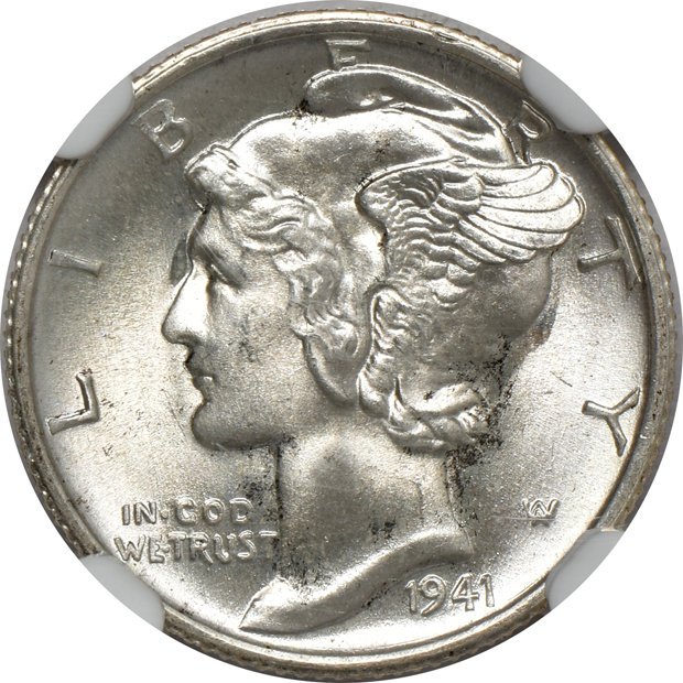Ten MS-66 or higher grade Mercury dimes certified by NGC