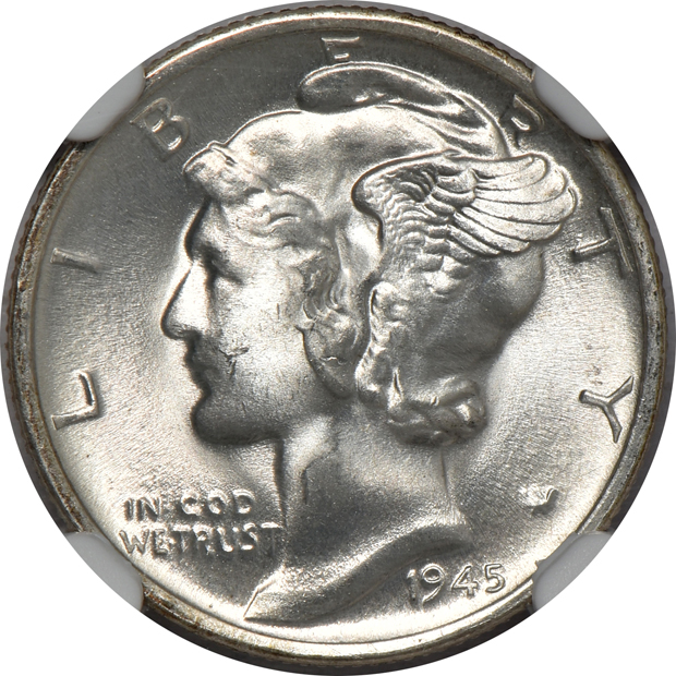 Short set of Mercury dimes certified by NGC, all MS-66 FB except 1945 and 1945 micro S