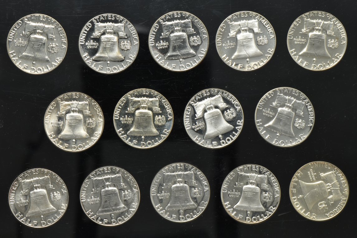 Collection of fourteen Proof Franklin half-dollars, 1950 through 1963, in a Capital Plastics holder