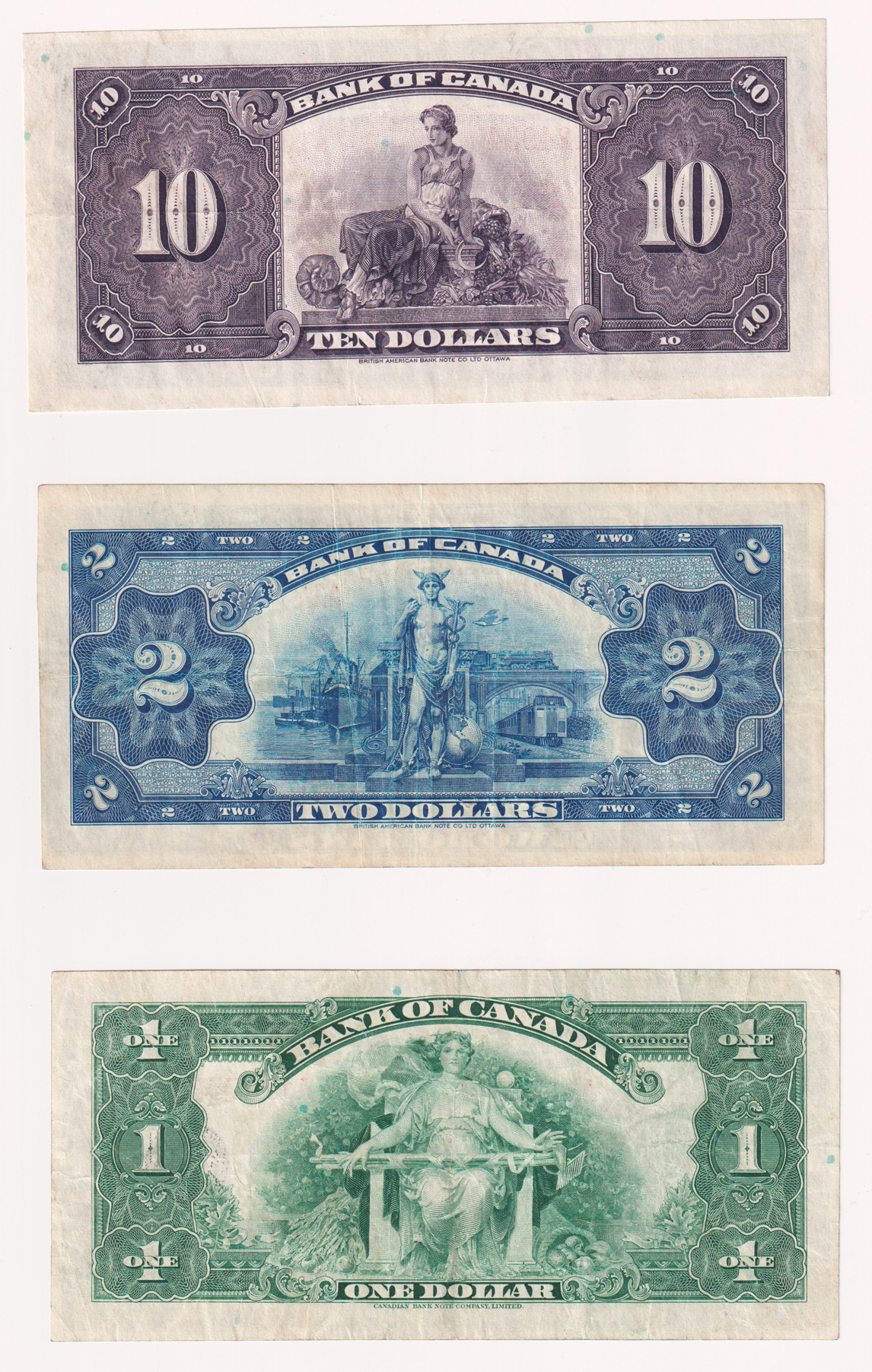 Canada - 1935 1, 2, and $10 Ottawa issue, and a large size $2 Dominion of Canada