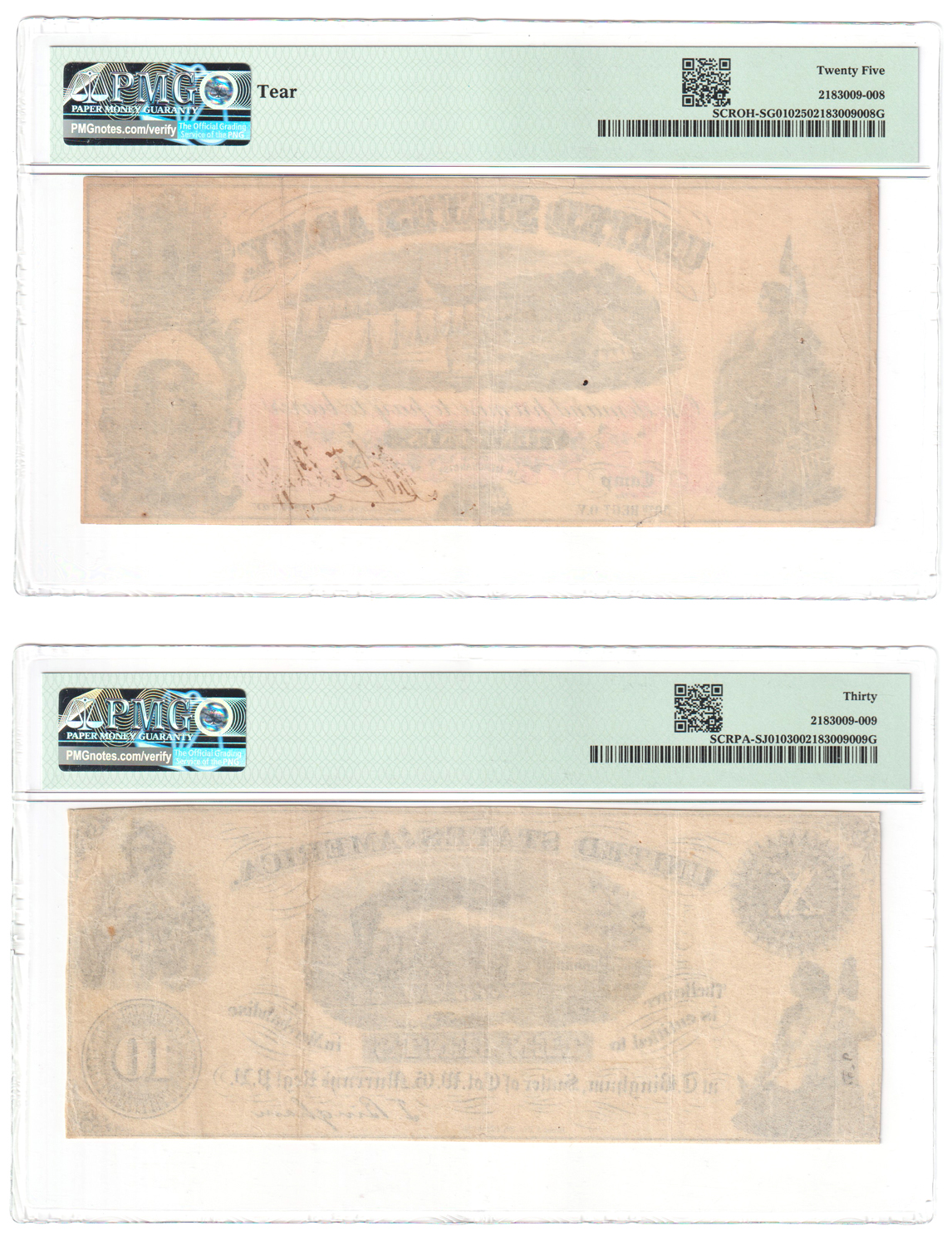 Sutler Scrip - 10 cents Ohio, 50th Regiment U.S. Army VF-25/tear, and a 10 Pennsylvania, Col. W.G. Murray's Regiment VF-30, bot PMG
