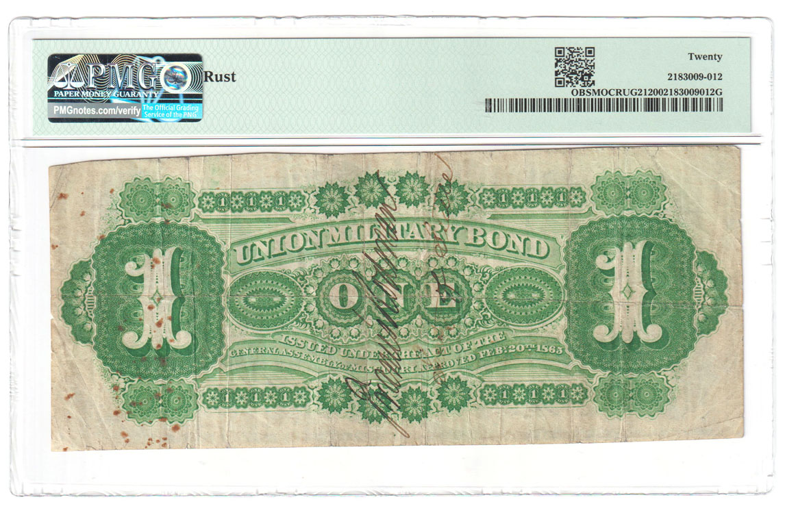Union Military Bond - 1865 $1 Jefferson City, Missouri PMG VF-20/rust