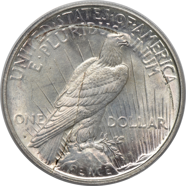 1922-D Peace dollar with a one inch cracked planchet PCGS MS-62