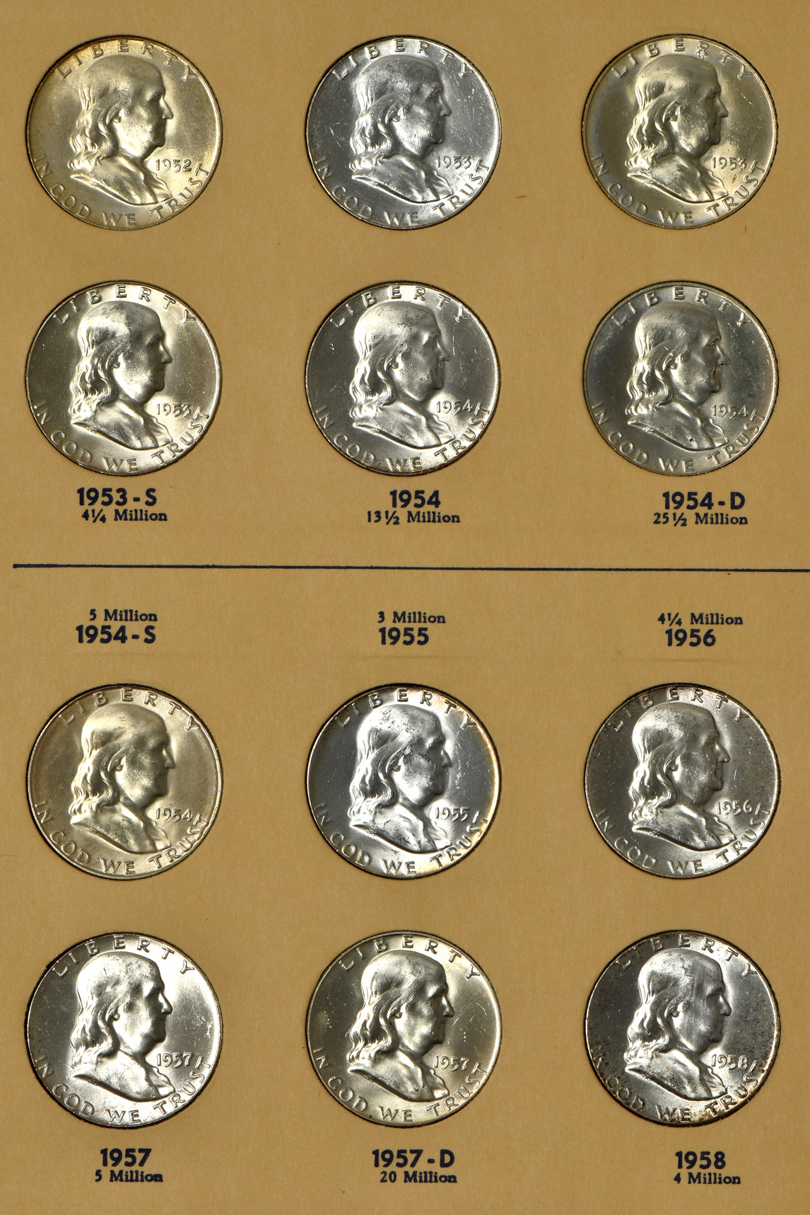 Collection of 29 BU Franklin half-dollars, 1948 through 1960, in a Library of Coins Vol. 21 album
