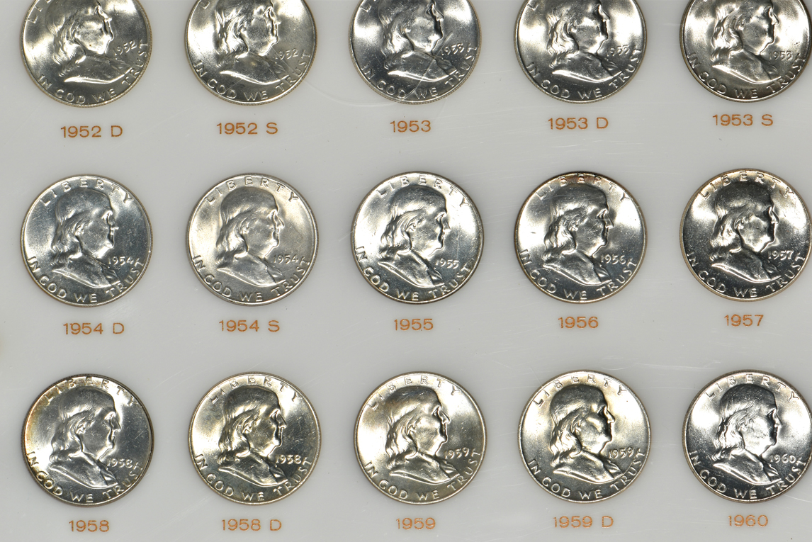 Complete collection of Franklin half-dollars in a Capital Plastics holder