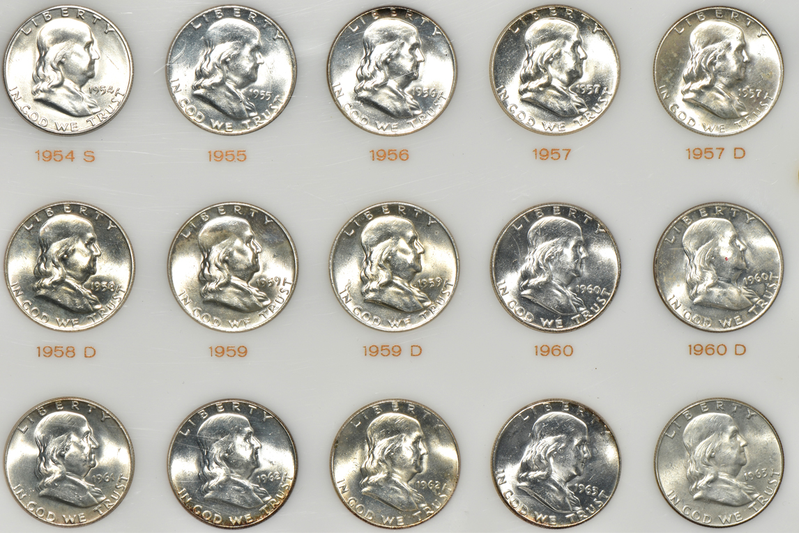 Complete collection of Franklin half-dollars in a Capital Plastics holder