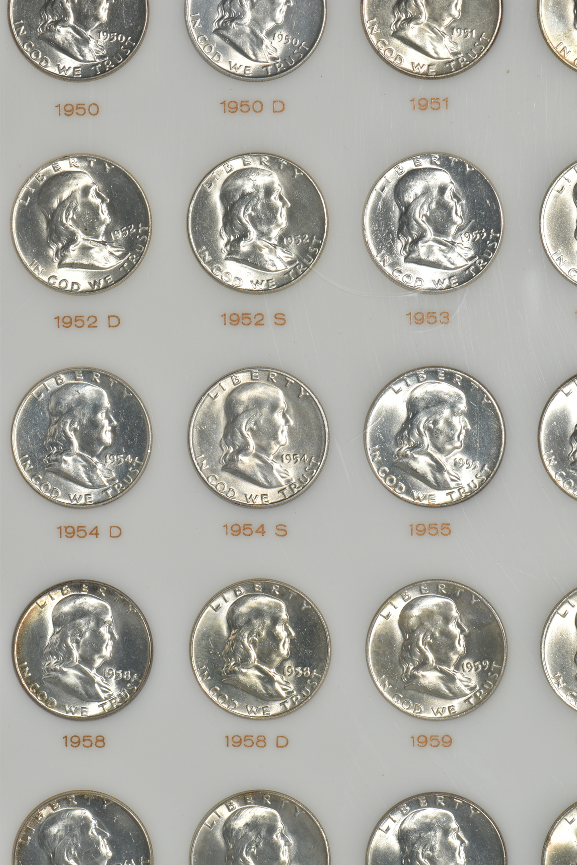 Complete collection of Franklin half-dollars in a Capital Plastics holder