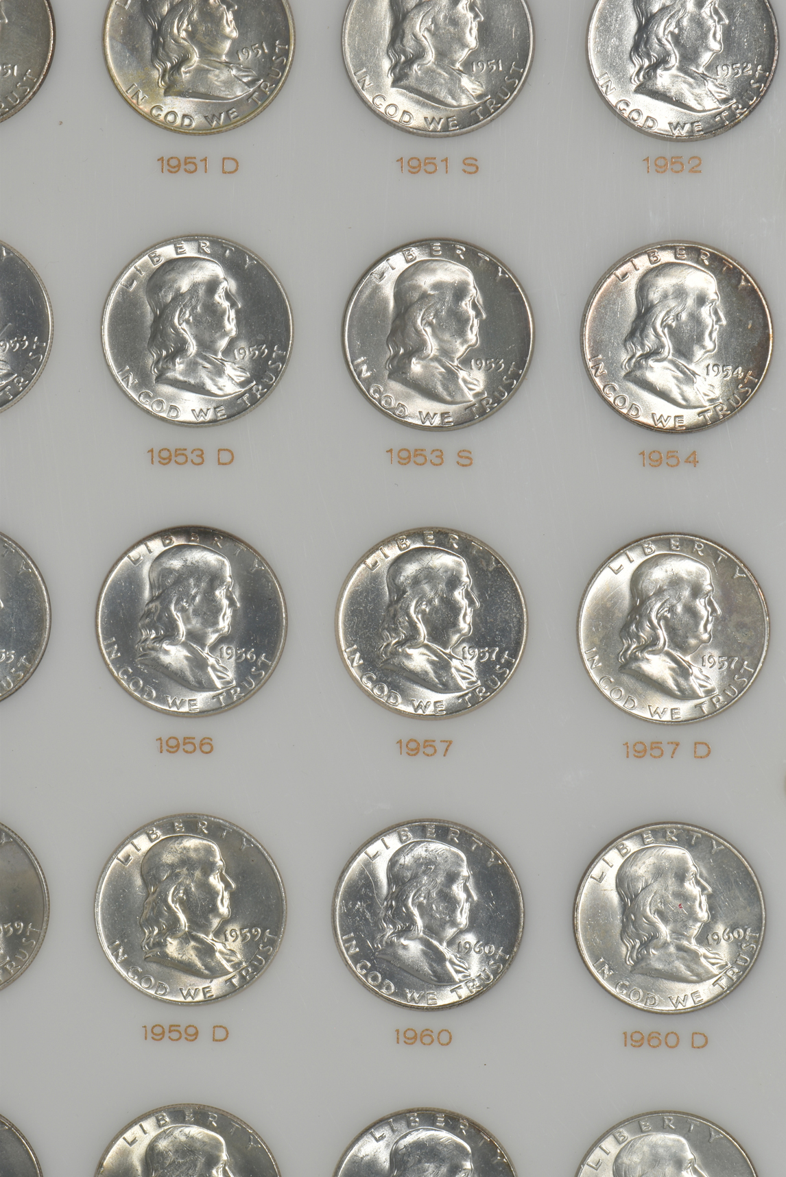Complete collection of Franklin half-dollars in a Capital Plastics holder