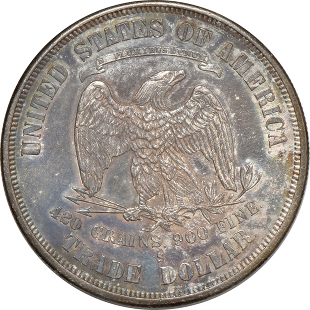 1875-S Trade and 1877-S Trade, both AU details