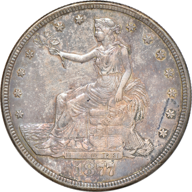 1875-S Trade and 1877-S Trade, both AU details