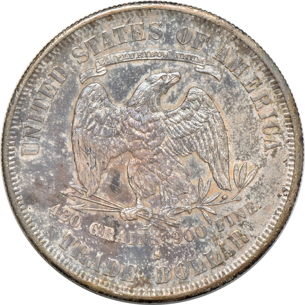 1875-S Trade and 1877-S Trade, both AU details