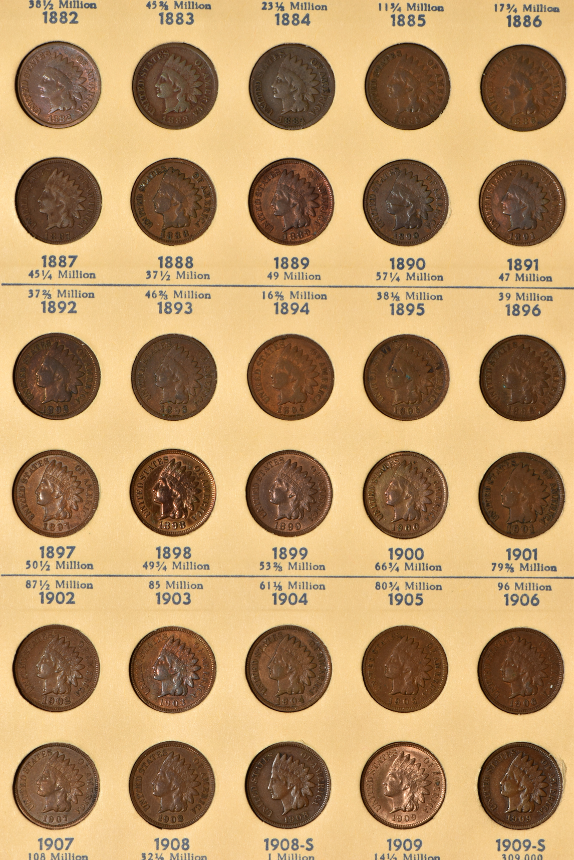 Collection of 56 different cents in a Library of Coins album