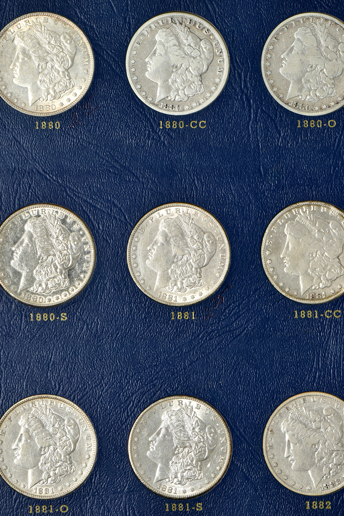 Collection of Morgan silver dollars, 1878 through 1886-S in a complete Whitman 9427 album