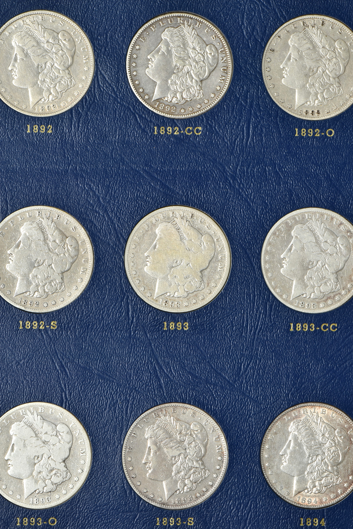 Collection of 34 different Morgan silver dollars, 1887 through 1896-S (no 1895) in a Whitman 9428 album