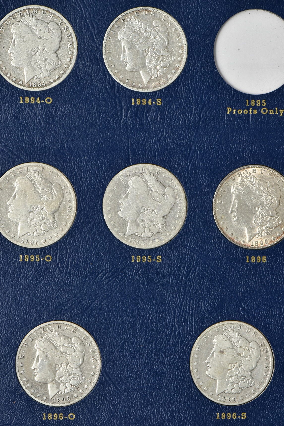 Collection of 34 different Morgan silver dollars, 1887 through 1896-S (no 1895) in a Whitman 9428 album