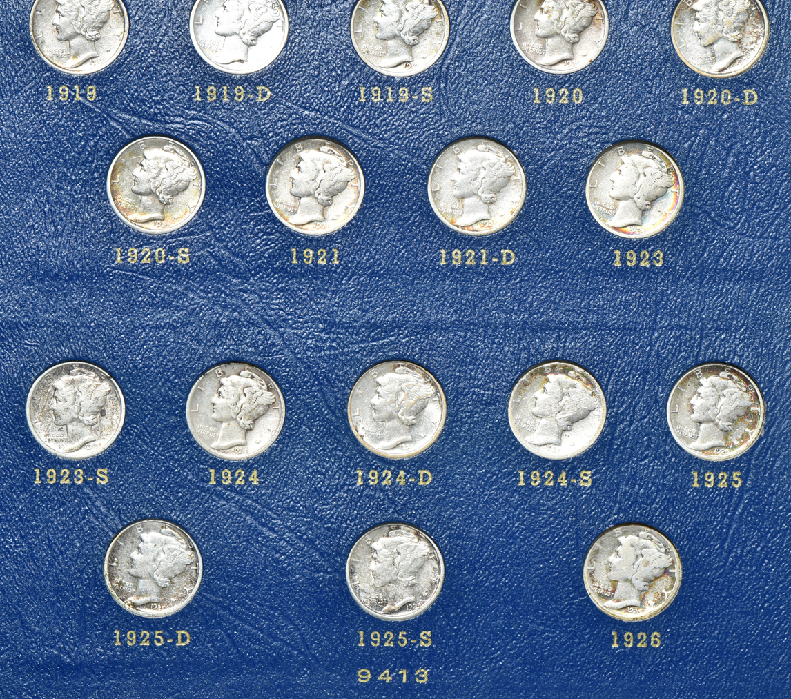 Nearly complete collection of Mercury dimes (missing 1916-D and 1942/1) in a Whitman album