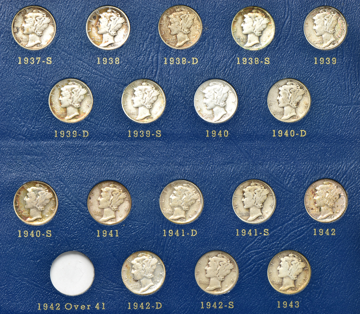 Nearly complete collection of Mercury dimes (missing 1916-D and 1942/1) in a Whitman album
