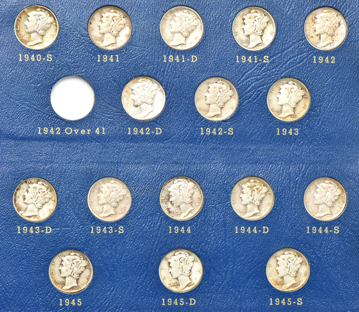 Nearly complete collection of Mercury dimes (missing 1916-D and 1942/1) in a Whitman album