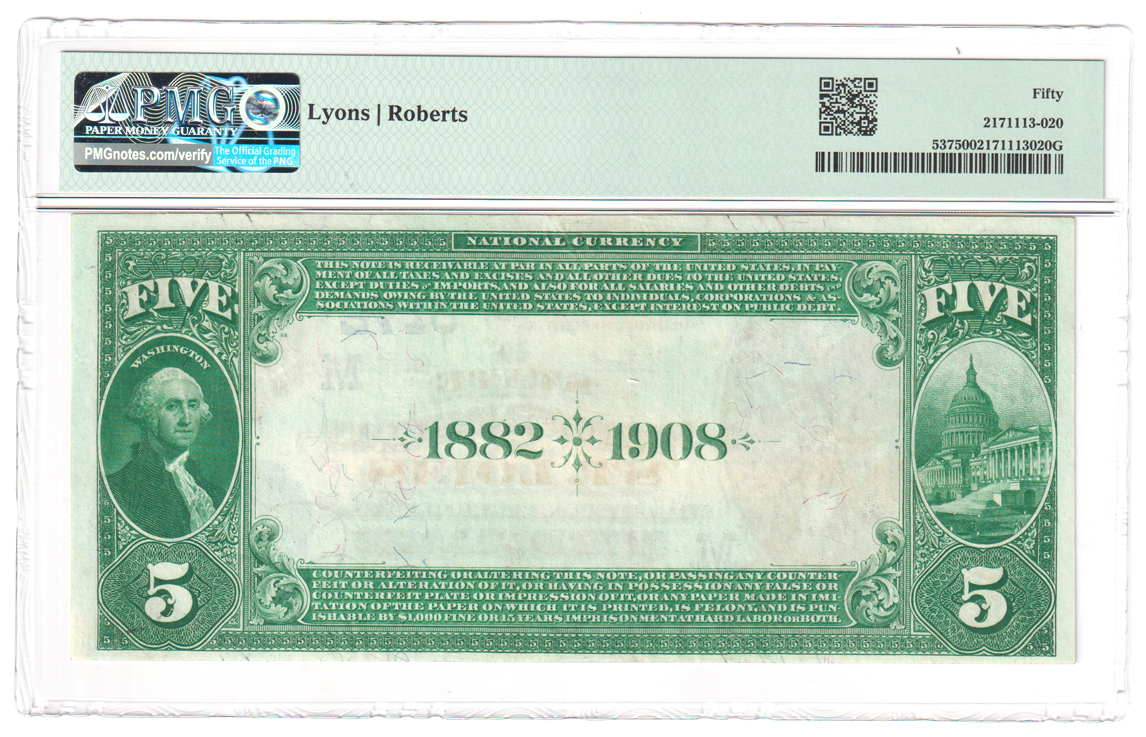 1882 $5 Date Back - St. Louis, MO Charter #5172 - PMG AU-50