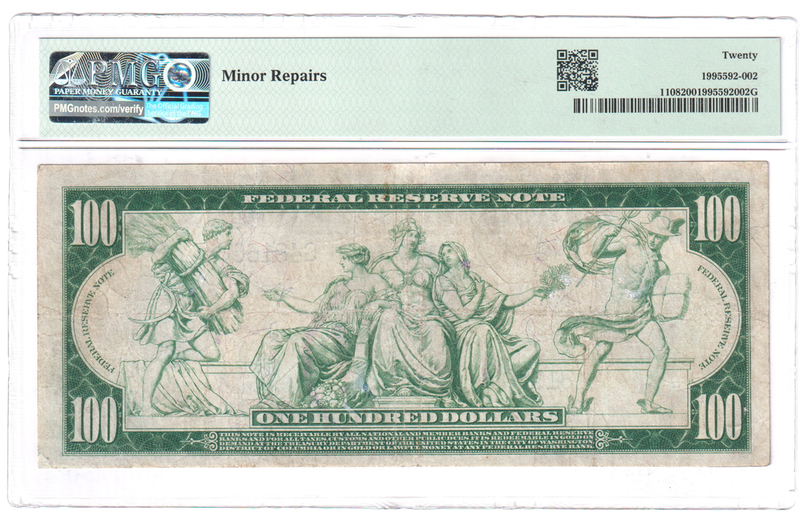 1914 $100 Chicago Blue Seal Fr# 1108 - PMG VF-20/minor repairs