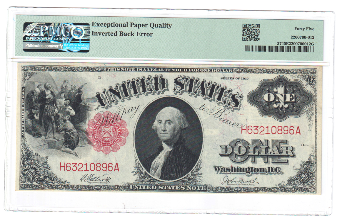 Error Currency - 1917 $1 U.S. Note Legal Tender Fr# 37 Inverted Back - PMG XF-45 EPQ