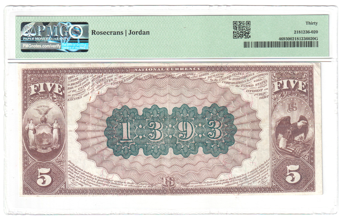 1882 $5 Brown Back - New York, NY Charter #1393 - PMG VF-30
