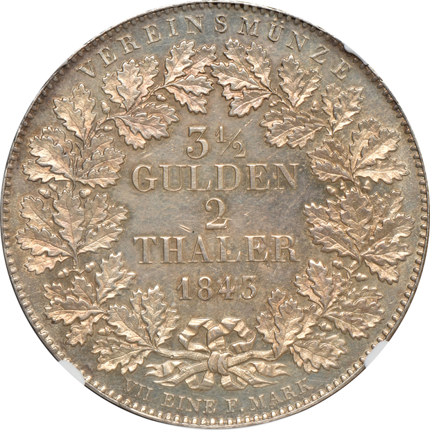 Germany - Frankfurt 1843 2 taler River Scene - NGC MS-61