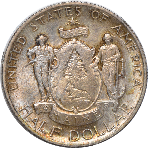 Six PCGS certified Uncirculated silver commemorative half-dollars in old holders (rattler and green label)