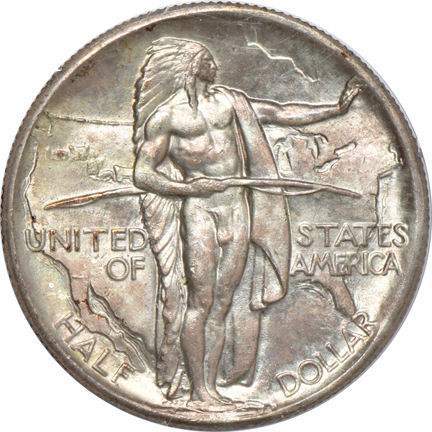 Six PCGS certified Uncirculated silver commemorative half-dollars in old holders (rattler and green label)