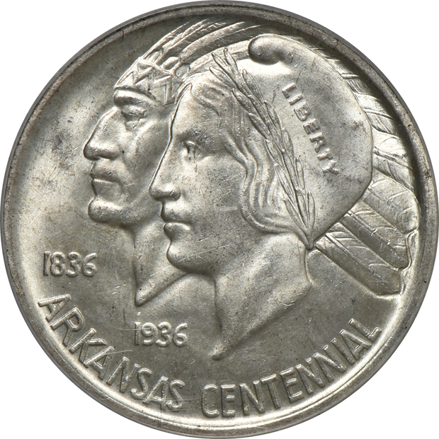 Six PCGS certified Uncirculated silver commemorative half-dollars in old holders (rattler and green label)