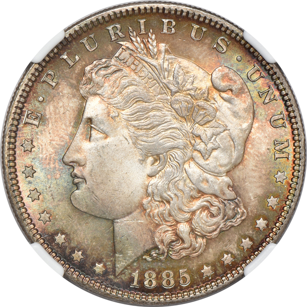 Five Morgan silver dollars certified MS65