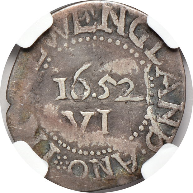 1652 Massachusetts Oak Tree sixpence "IN" on reverse NGC Good-4