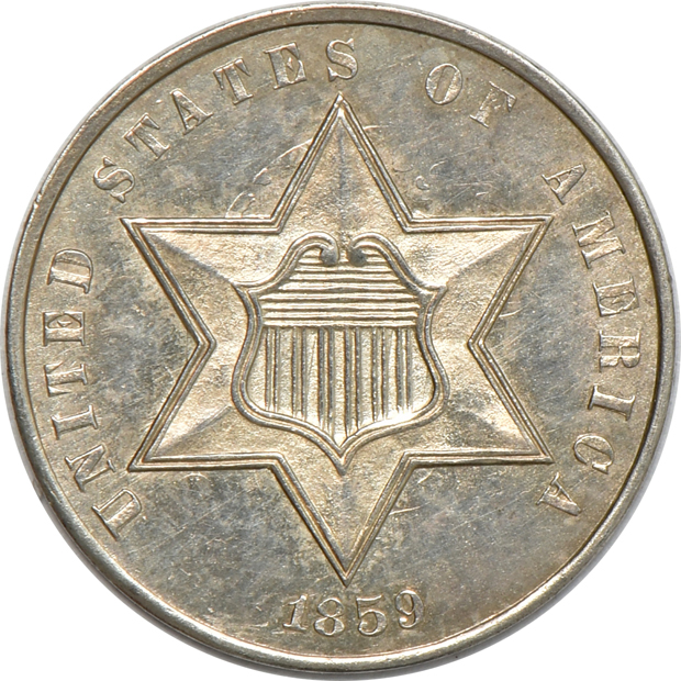 1859 three-cent silver Select UNC, and a 1905 Liberty nickel Proof