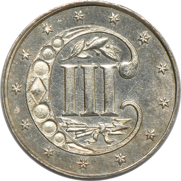 1859 three-cent silver Select UNC, and a 1905 Liberty nickel Proof