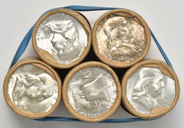 Eighteen original rolls of Franklin half-dollars