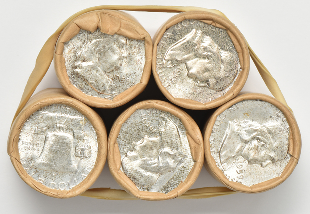 Eighteen original rolls of Franklin half-dollars