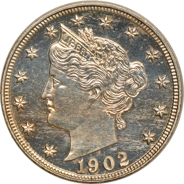1866 Shield nickel AU, 1902 Liberty nickel Proof, and a 1912-D UNC