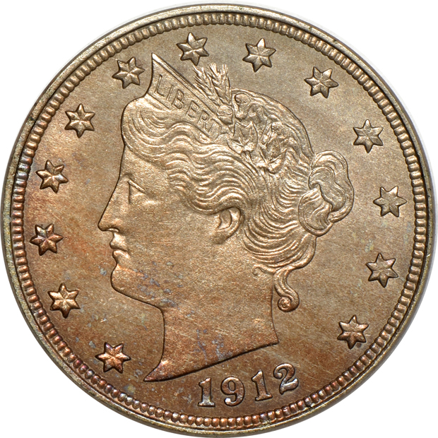 1866 Shield nickel AU, 1902 Liberty nickel Proof, and a 1912-D UNC