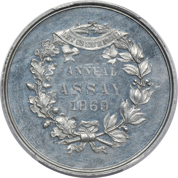 1869 JK-AC-5C William Barber U.S. Assay Commission Seated, No Stars Aluminum Medal PCGS MS-62