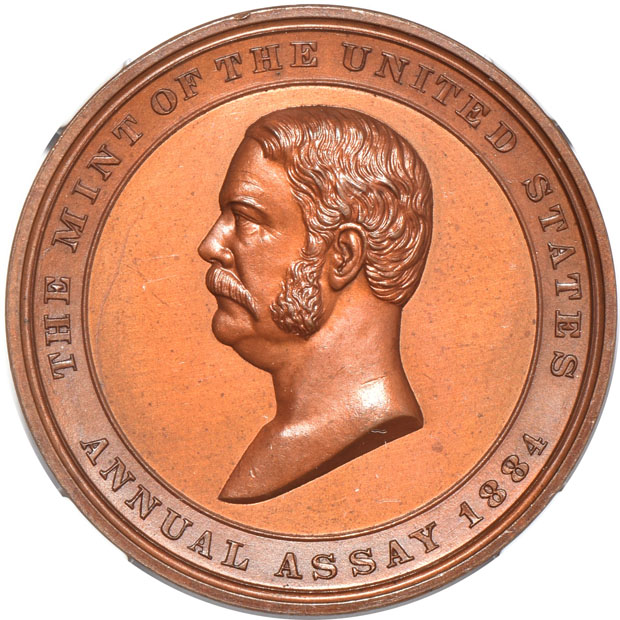 1883 JK-AC-26 U.S. Assay Commission Medal MS-63 BN, and an 1884 JK-AC-27 U.S. Assay Commission Medal MS-65 BN, both Copper and NGC